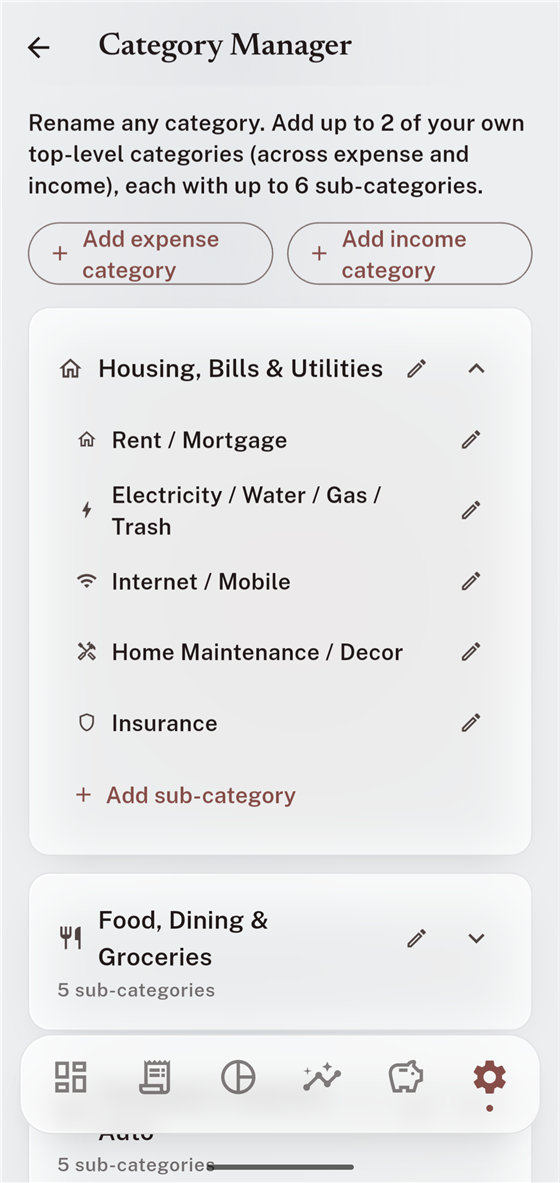 Category Manager showing Housing, Bills & Utilities expanded with its sub-categories