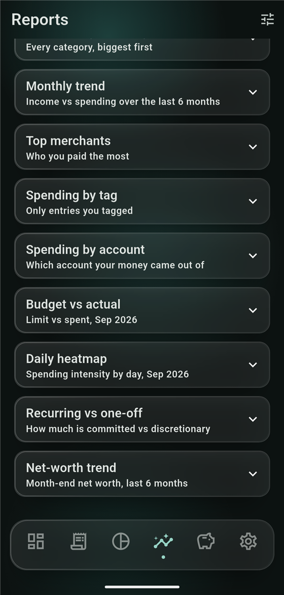 Full list of report types: Monthly trend, Top merchants, Spending by tag, Spending by account, Budget vs actual, Daily heatmap, Recurring vs one-off, Net-worth trend