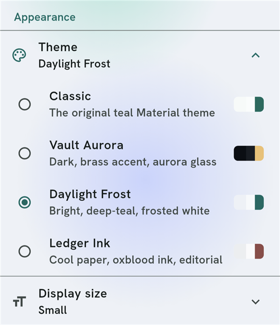 Appearance settings showing four themes: Classic, Vault Aurora, Daylight Frost, and Ledger Ink
